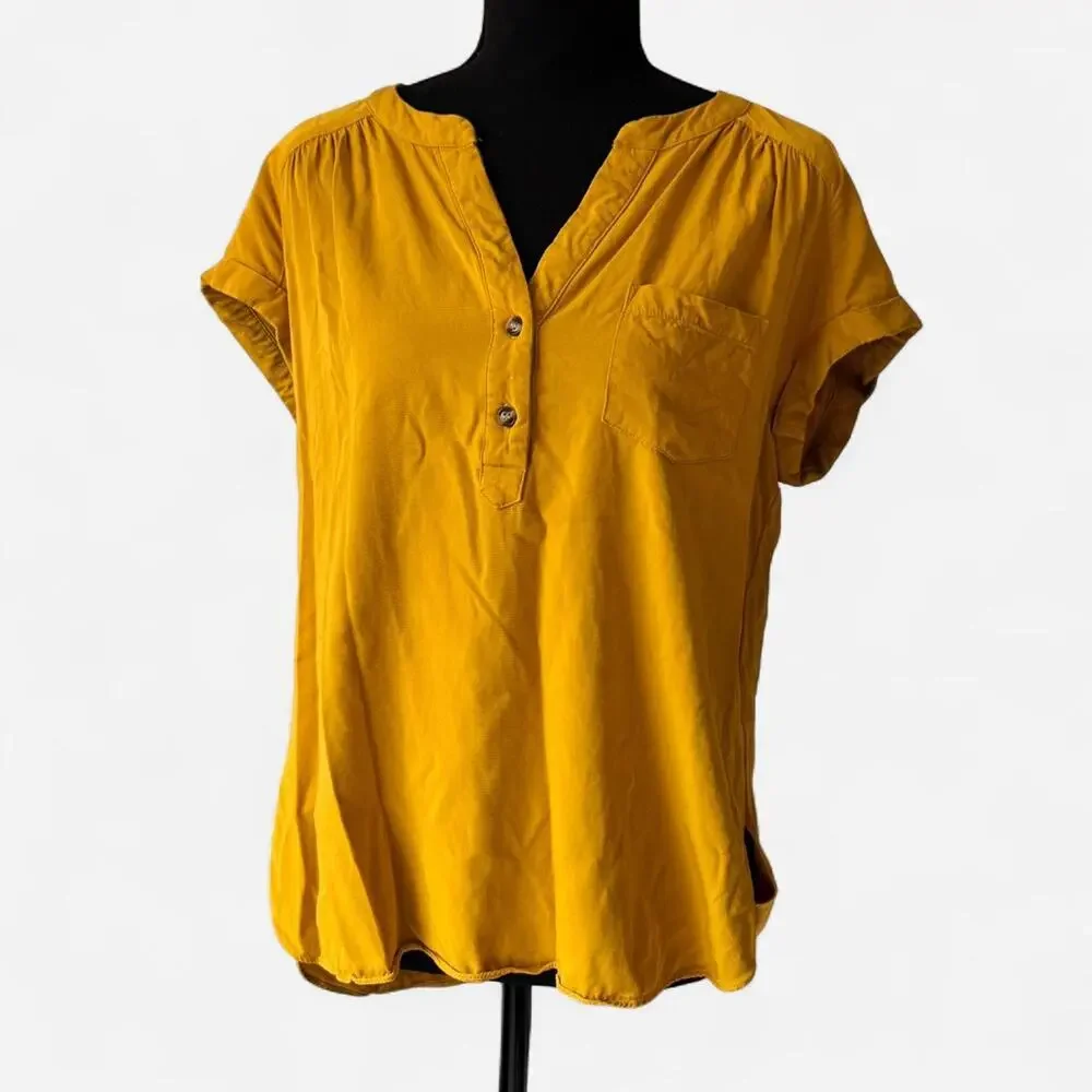 rose + Olive Golden yellow lightweight flowy top‎ sz L boho cottagecore boxy
